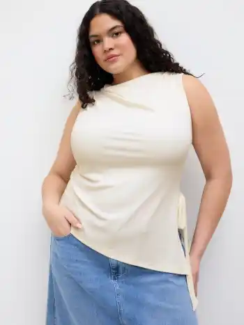Boat Neck Ruched Split Knotted Asymmetrical Tank Top Curve & Plus
