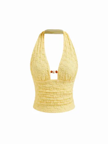 Spitzen-Halter-Oberteil mit floralen Perlen und geriffeltem Rücken