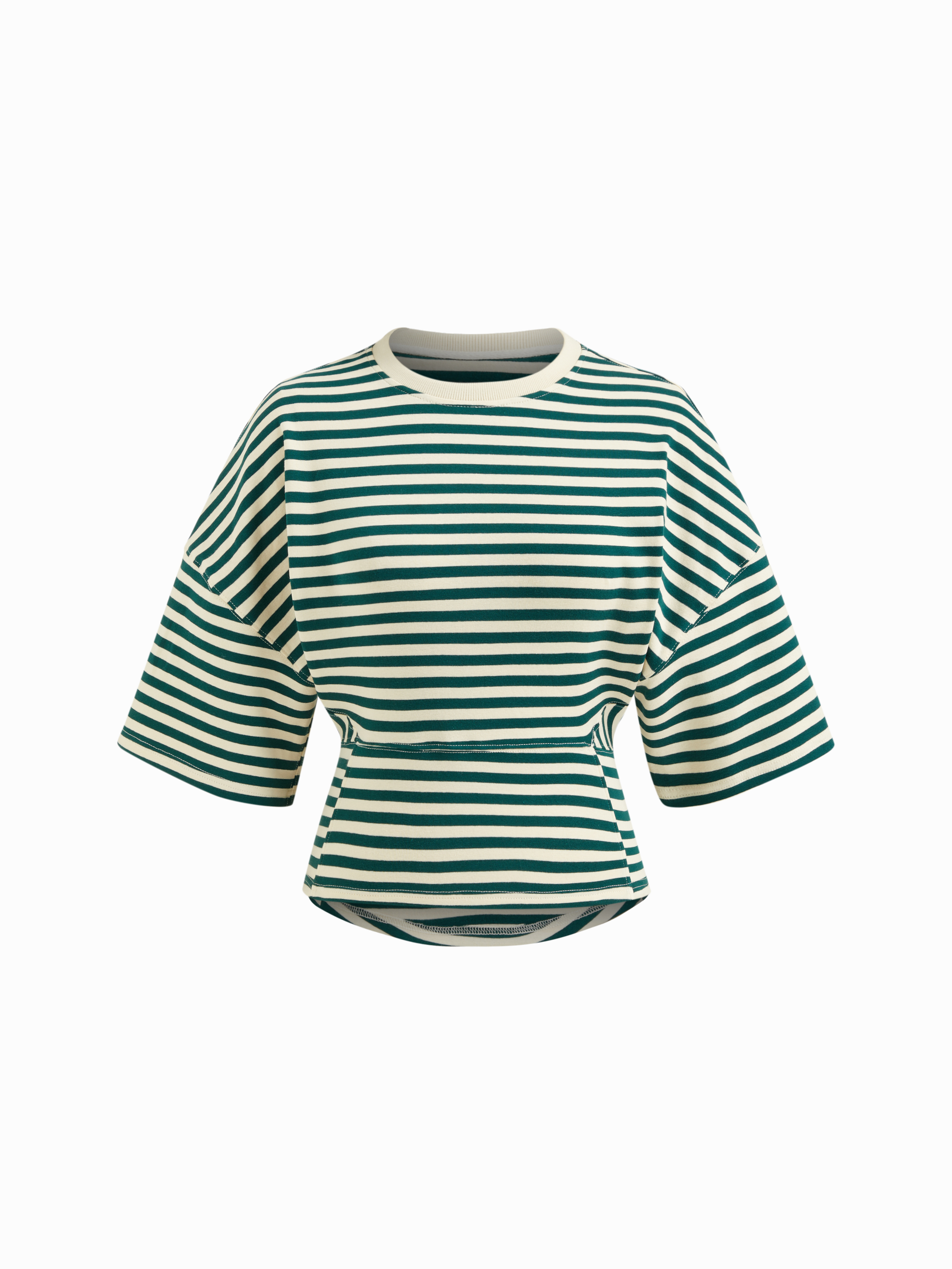 Cotton-blend Stripe Round Neckline Mid-length Sleeve Cinched Waist Tee