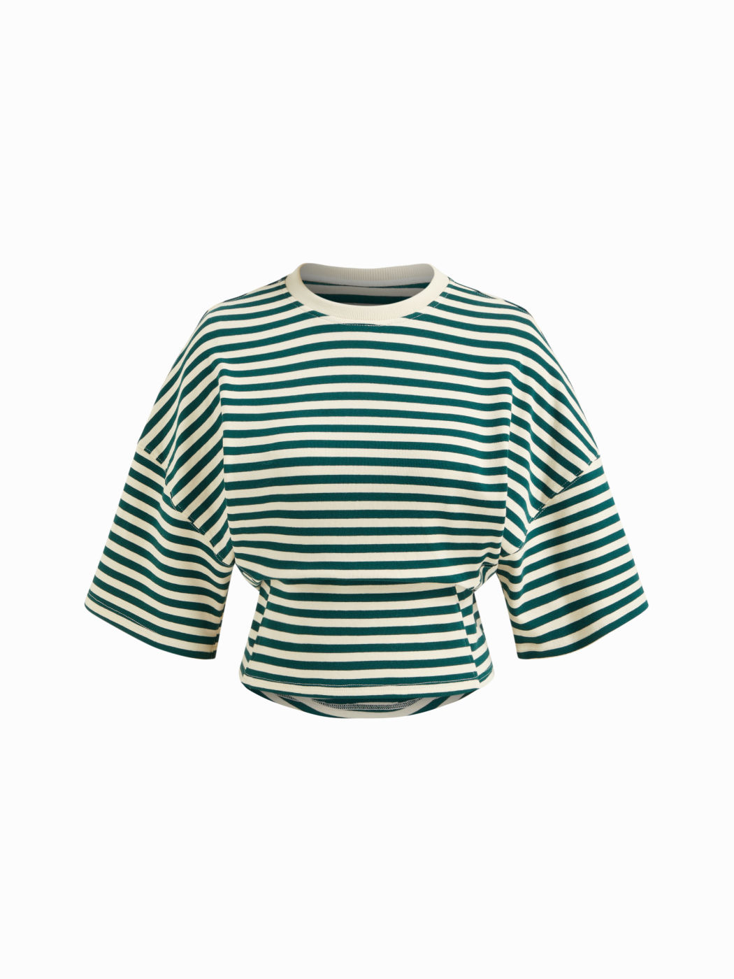 Cotton-blend Stripe Round Neckline Mid-length Sleeve Cinched Waist Tee