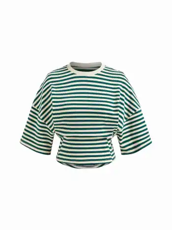 Baumwollmischung Streifen Rundhals Mittelarm Tee mit eingeschnürter Taille