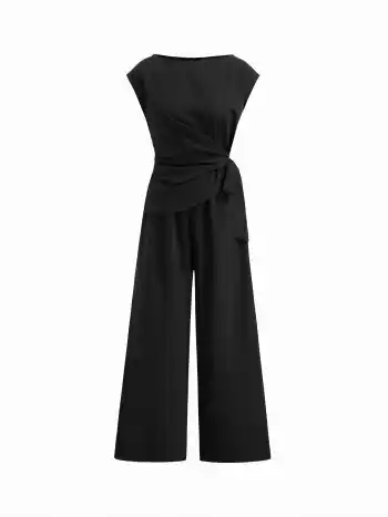 Bootsneck-Streifen-Rusche-Knoten-Overalls mit geraden Beinen