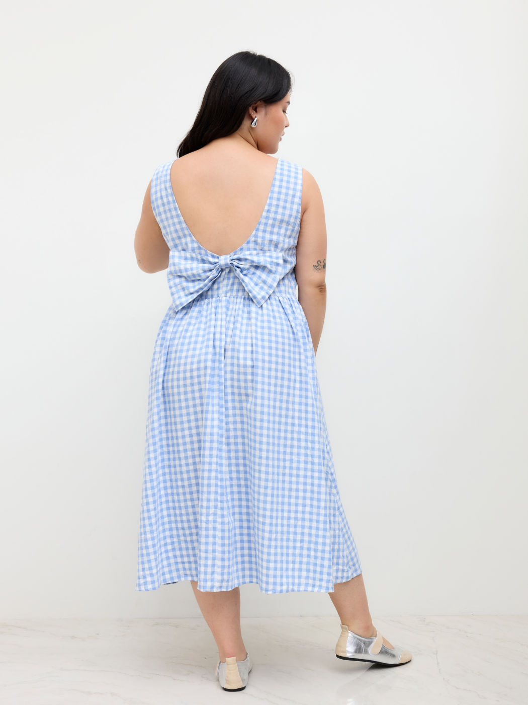 100% Cotton Round Neckline Gingham Backless Bowknot Ruffle Midi Dress Curve & Plus
