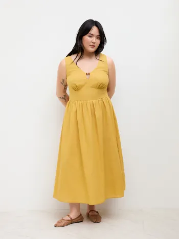 Leinenmischung V-Ausschnitt perlmuttierte Ausschnitte Rüschen Midikleid Kurve & Plus