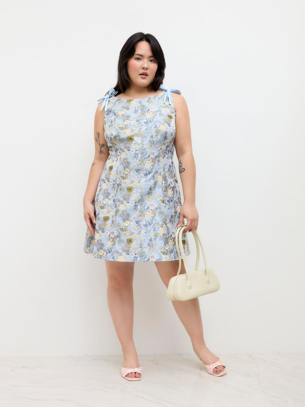 Boat Neck Floral  Jacquard Bowknot Mini Dress Curve & Plus