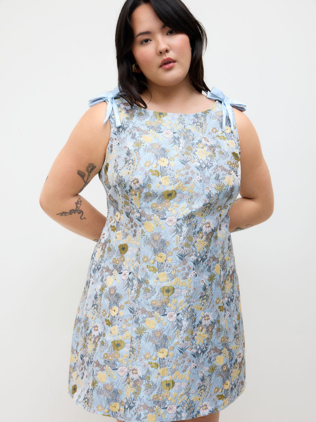 Boat Neck Floral  Jacquard Bowknot Mini Dress Curve & Plus