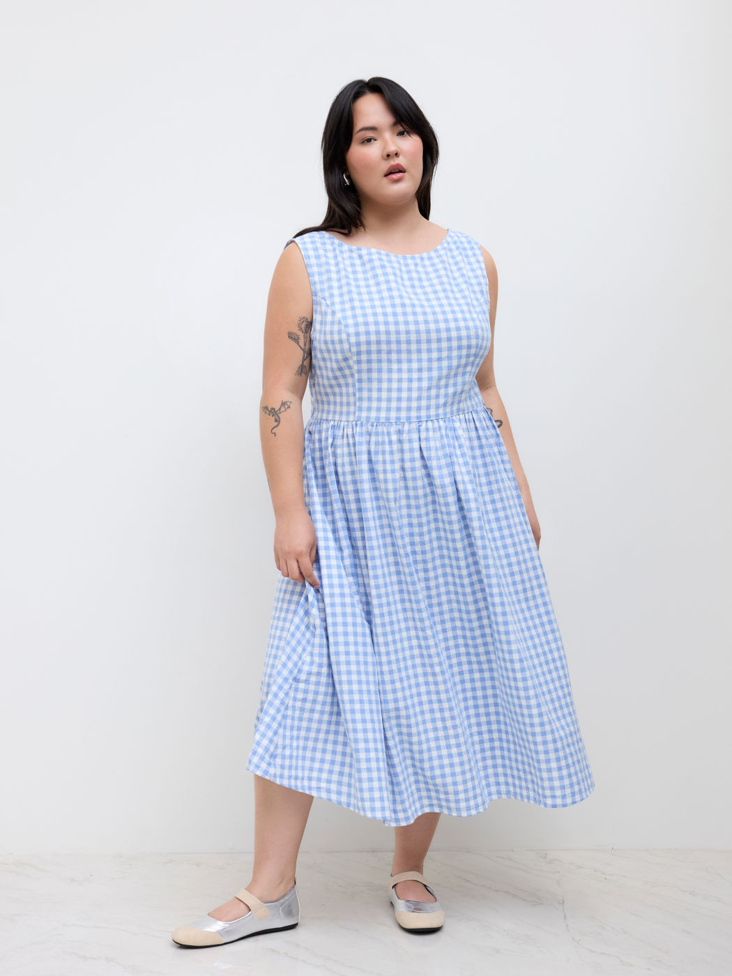 100% Cotton Round Neckline Gingham Backless Bowknot Ruffle Midi Dress Curve & Plus