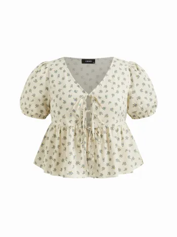 100% Cotton V-neck Floral Tie Front Blouse Curve & Plus
