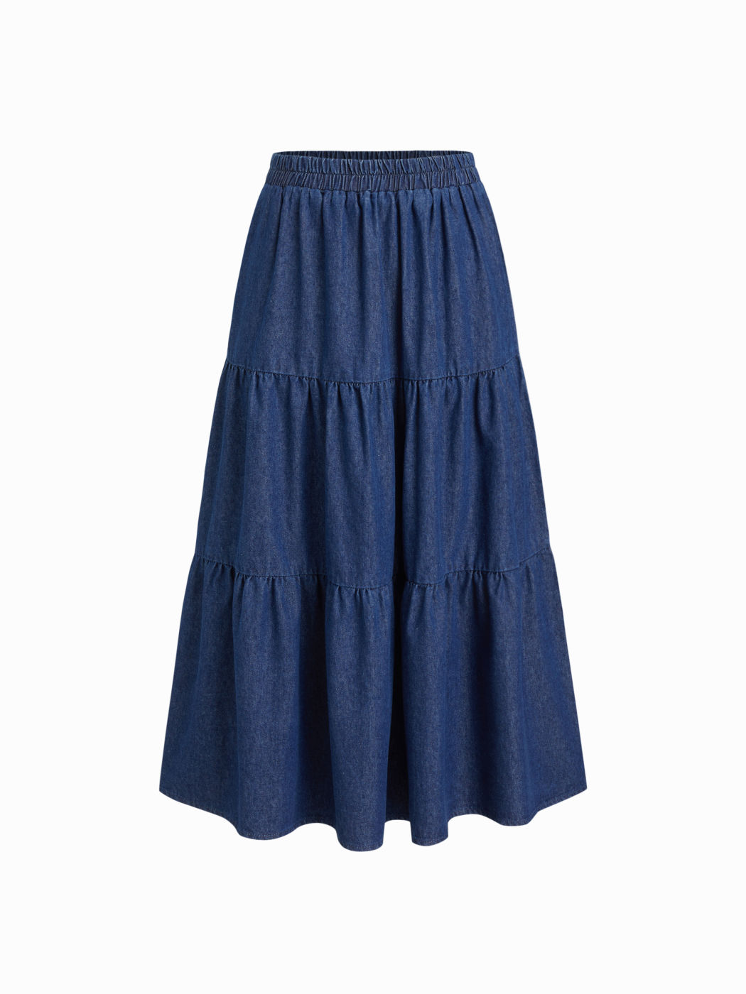 Denim Mid Rise Elastic Waist Tiered Maxi Skirt