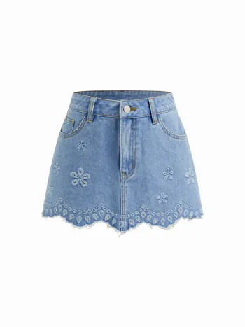 Mini Gonna di Jeans a Vita Bassa con Ricami Floreali e Orlo Grezzo