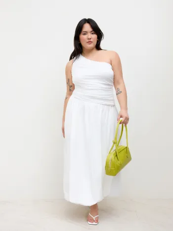Asymmetrical Neck Bubble Hem Ruched Maxi Dress Curve & Plus