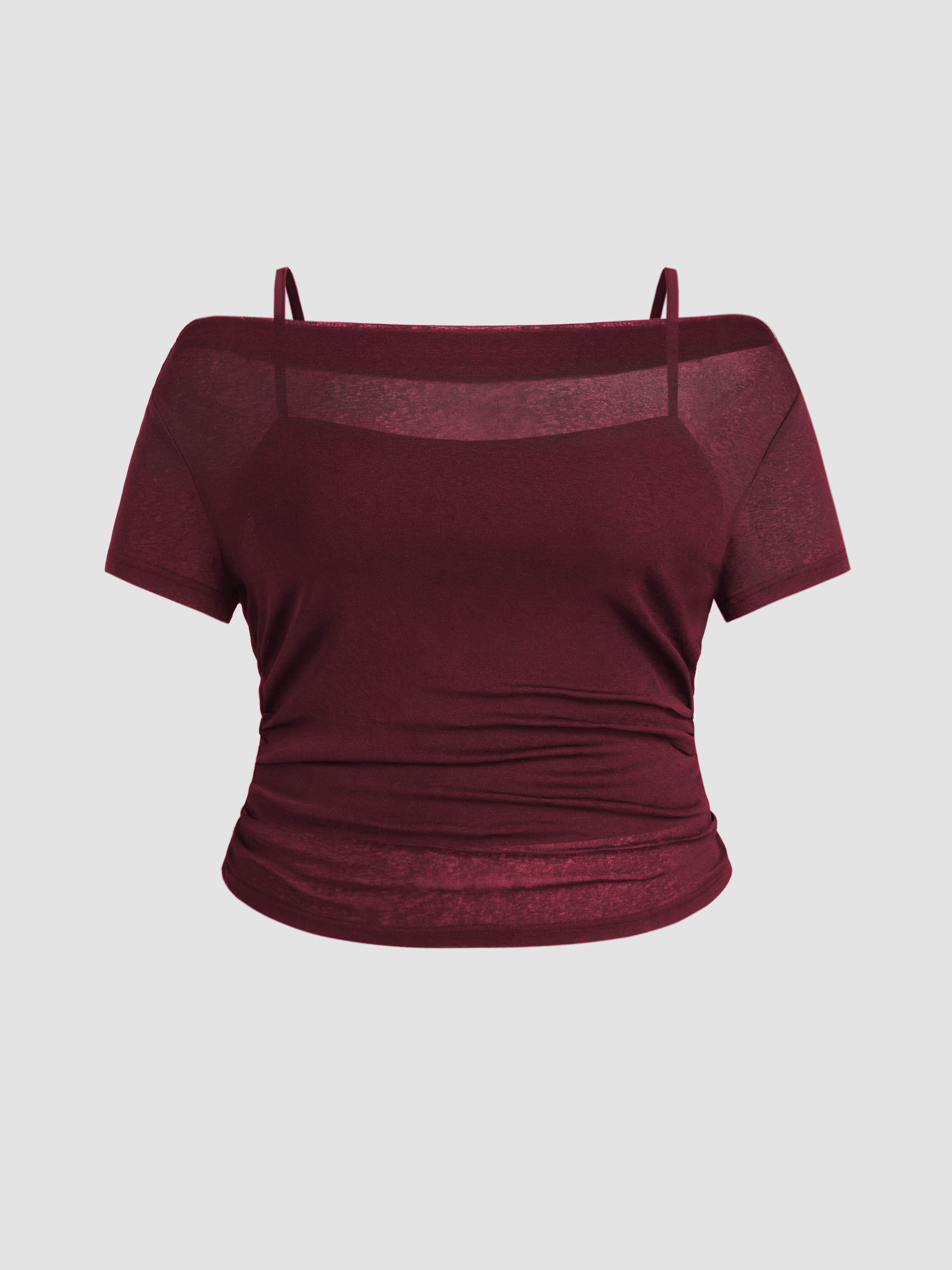 ◆MUCENT◆ Slope string detail crop boat neck short sleeve t Jersey Cotton Cotton-blend Boat Neck Solid Ruched Short
