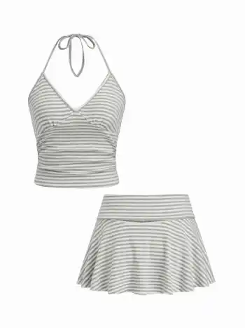 Baumwollmischung Halterhals Streifen Crop Top & Low-Rise Spitze Rock Set