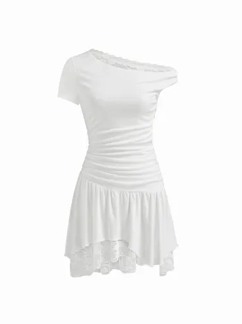 Asymmetrischer Hals, Spitze, gerucherte Rüschenhose Midikleid