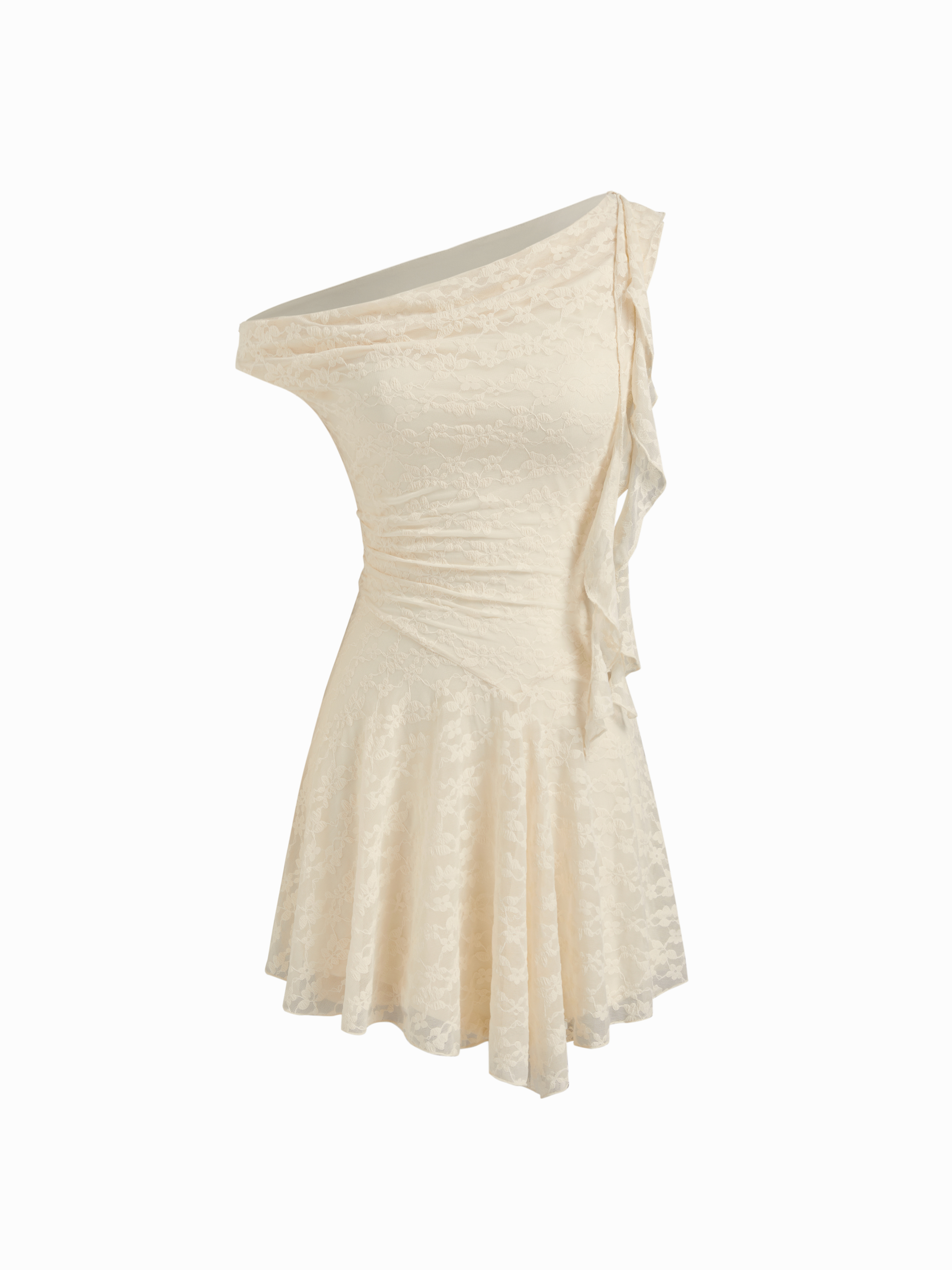 Dentelle Lace Asymmetrical Neck Ruffle Mini Dress For Décontracté quotidien