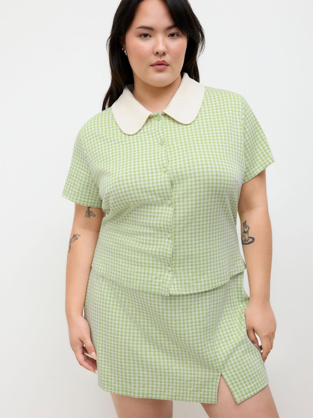 Peter Pan Collar Gingham Short Sleeve Top Curve & Plus