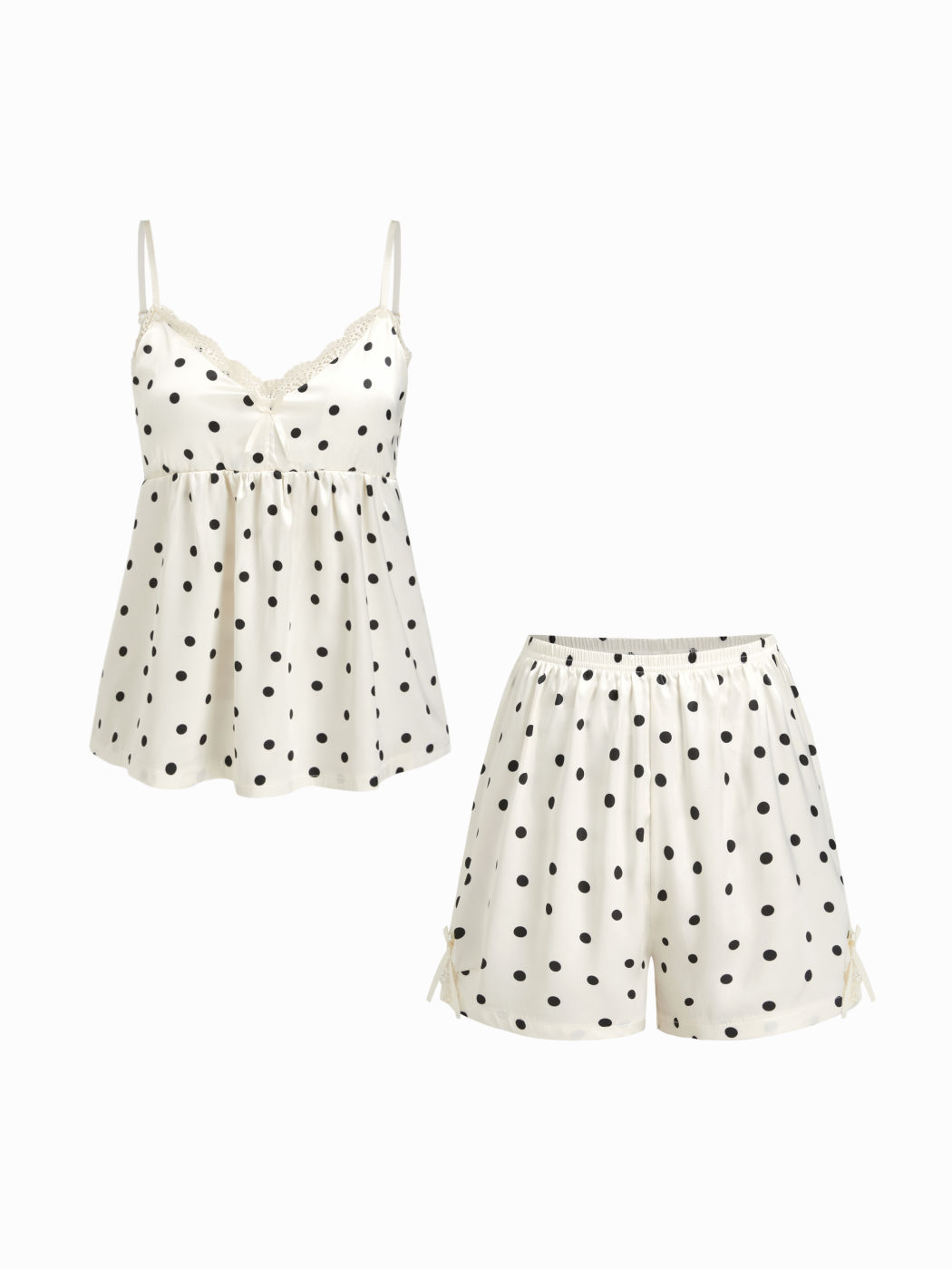 Satin V-neck Polka Dot Lace Trim Cami Top & Mid Rise Bowknot Shorts Loungewear Set