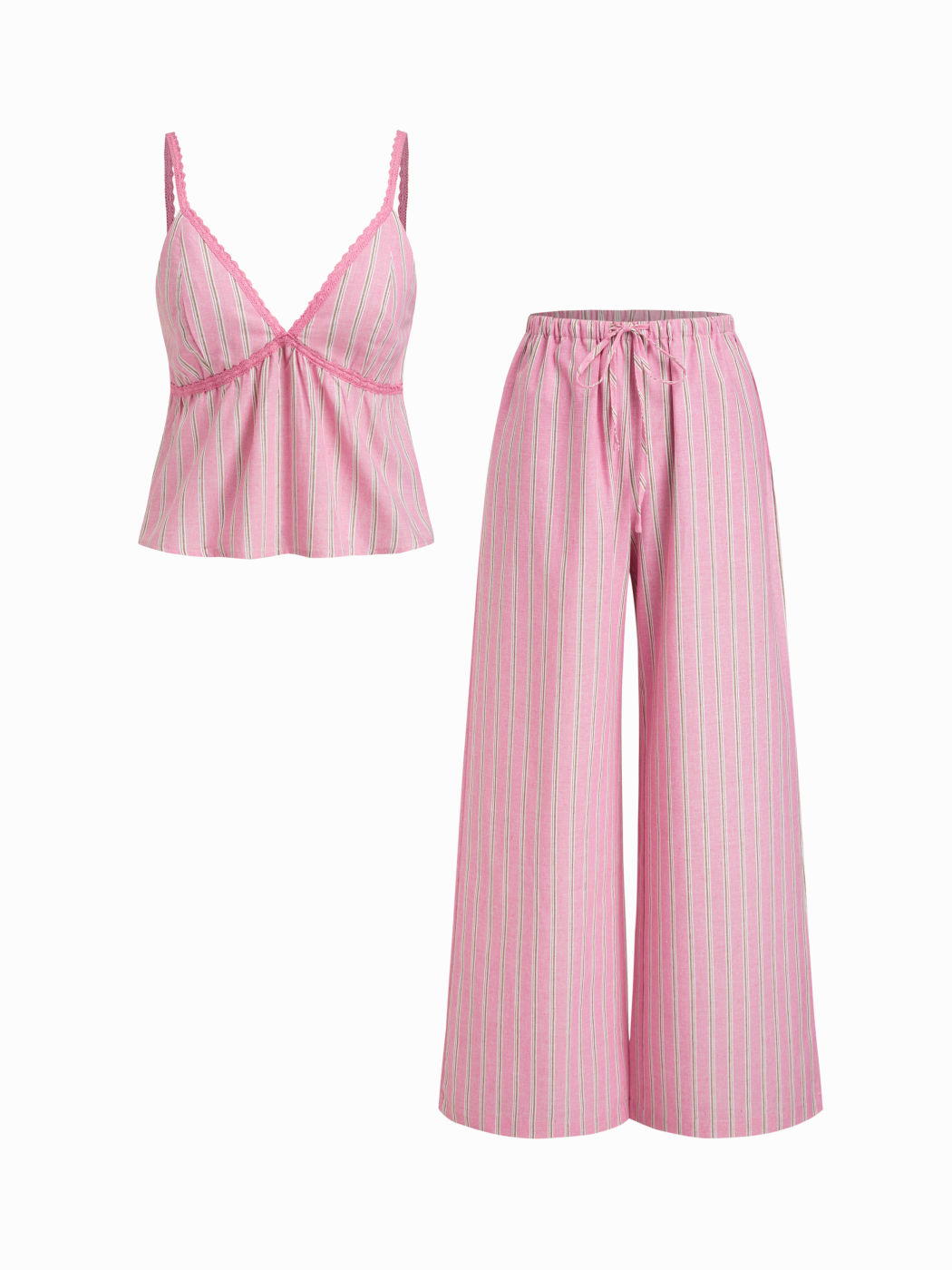 Linen-blend V-neck Stripe Cami Top & Knotted Straight Leg Trousers Set