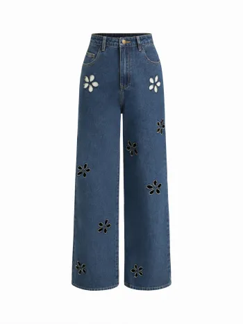 Denim Mittelbund Blumen-Taschen Weitbeinige Jeans