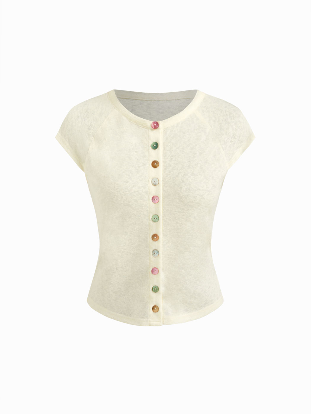 Round Neckline Short Sleeve See-through Button Front Blouse