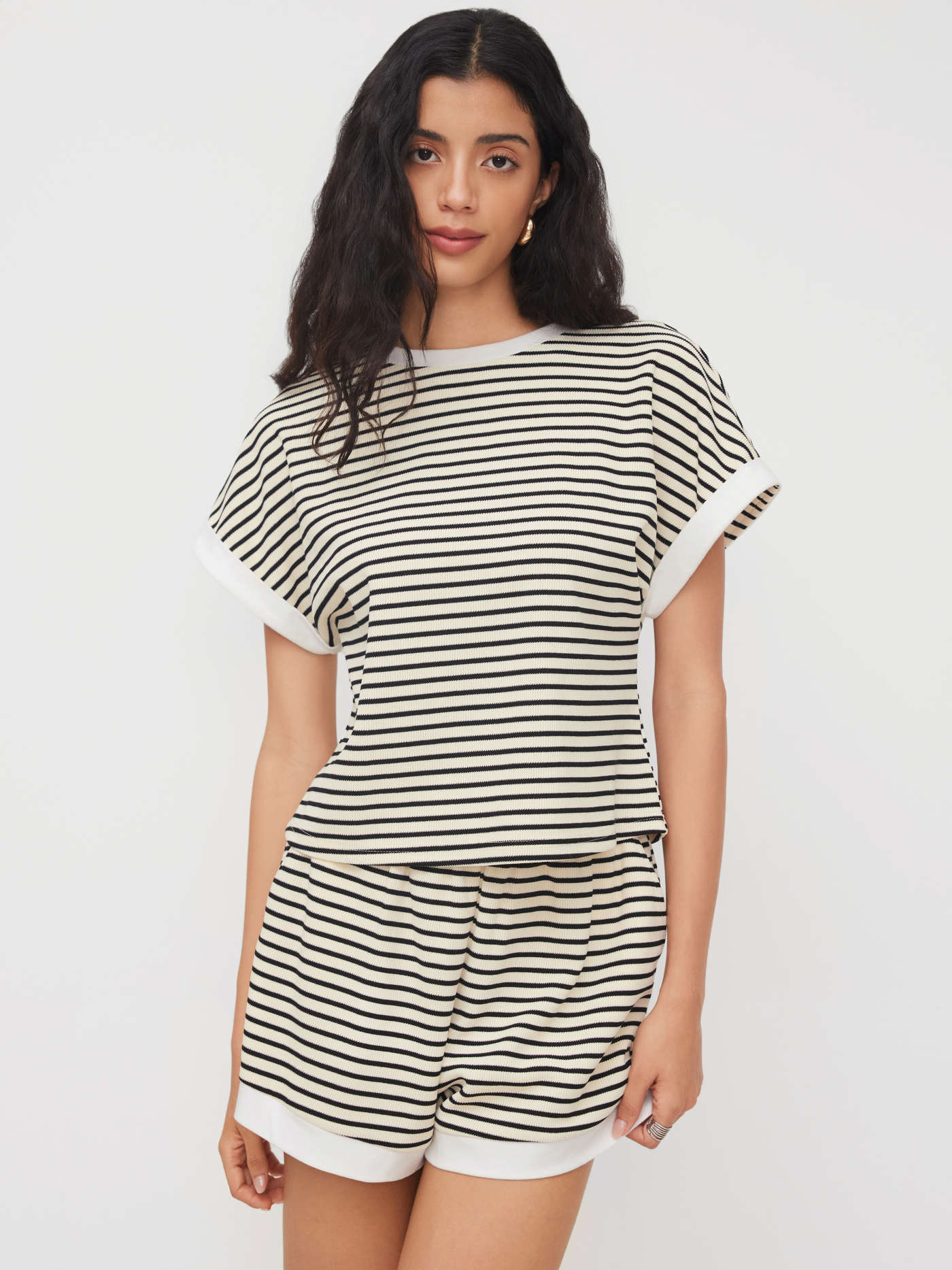 Cotton-blend Stripe Contrasting Binding Tee & Elastic Waist Shorts Set