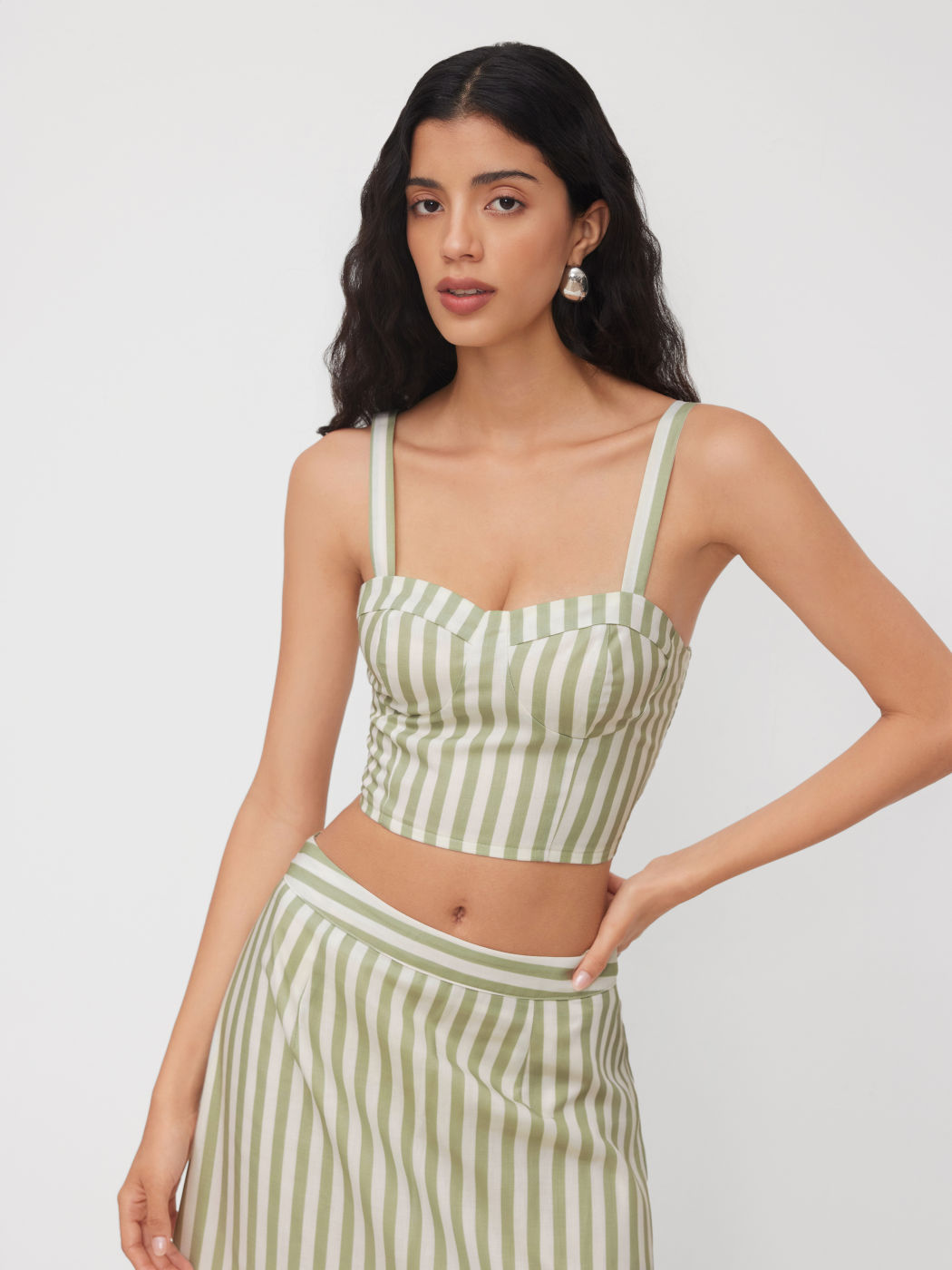 Sweetheart Neck Stripe Shirred Crop Cami Top