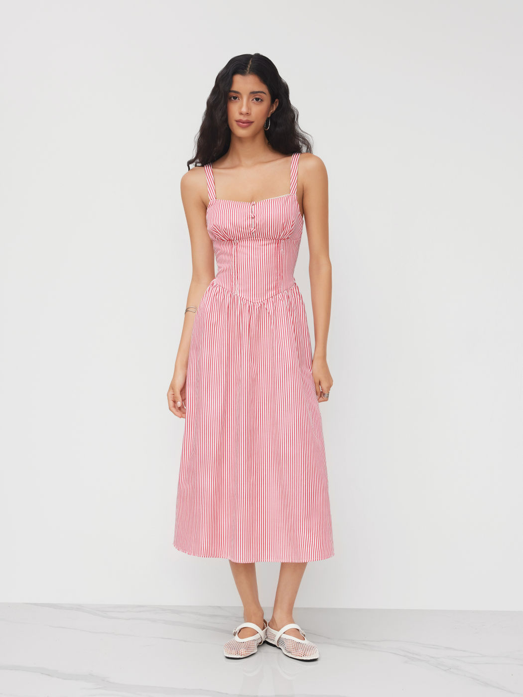 Cotton-blend Square Neck Stripe Cut Out Cami Maxi Dress