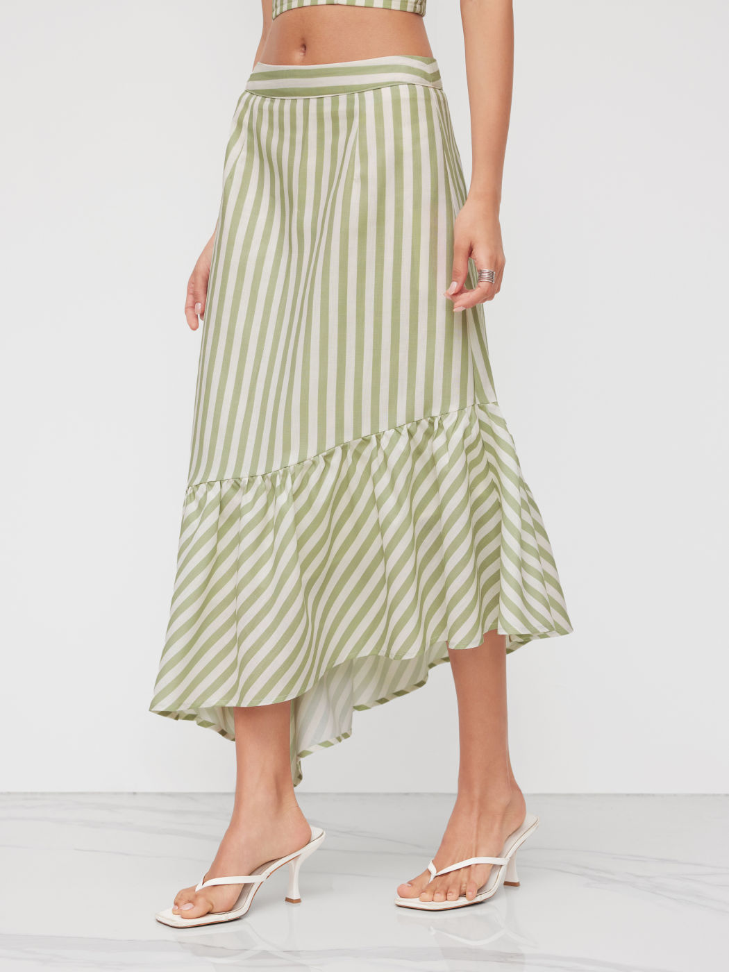 Mid Rise Stripe Asymmetrical Ruffle Hem Maxi Skirt