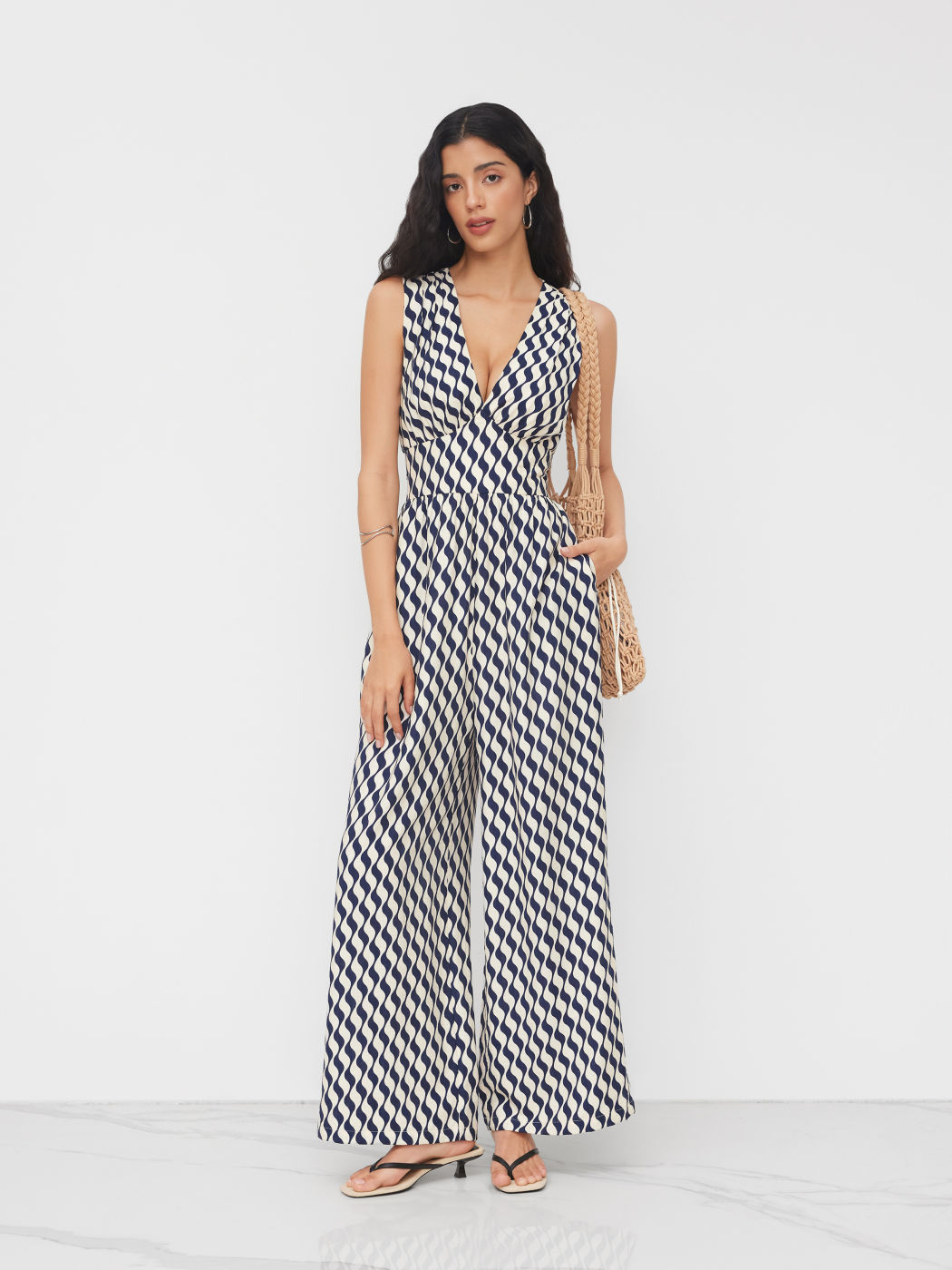V-neck Abstract Knotted Back Wide Leg Jumpsuit