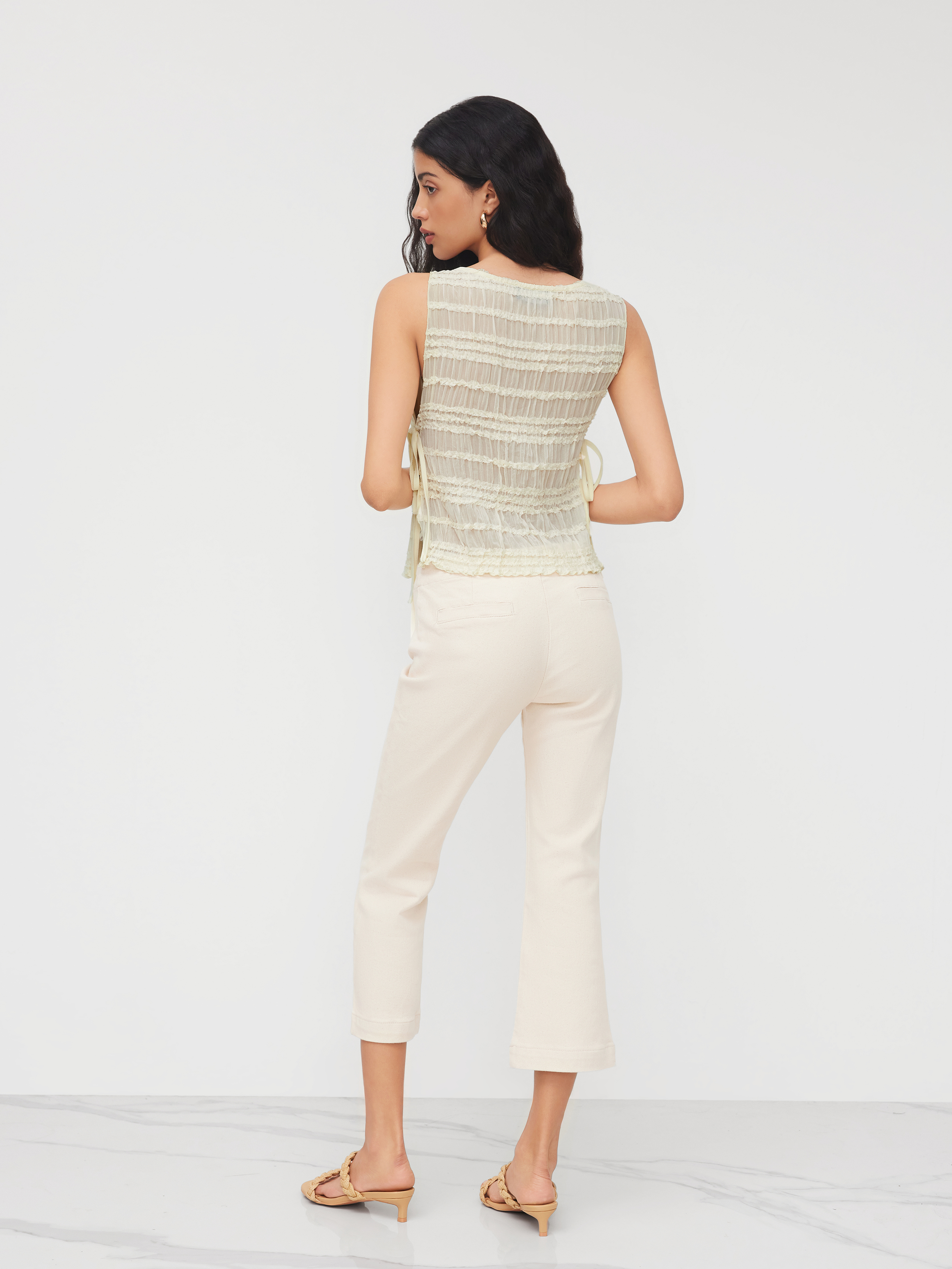 Chiffon Boat Neck Shirred Tie Side Tank Top