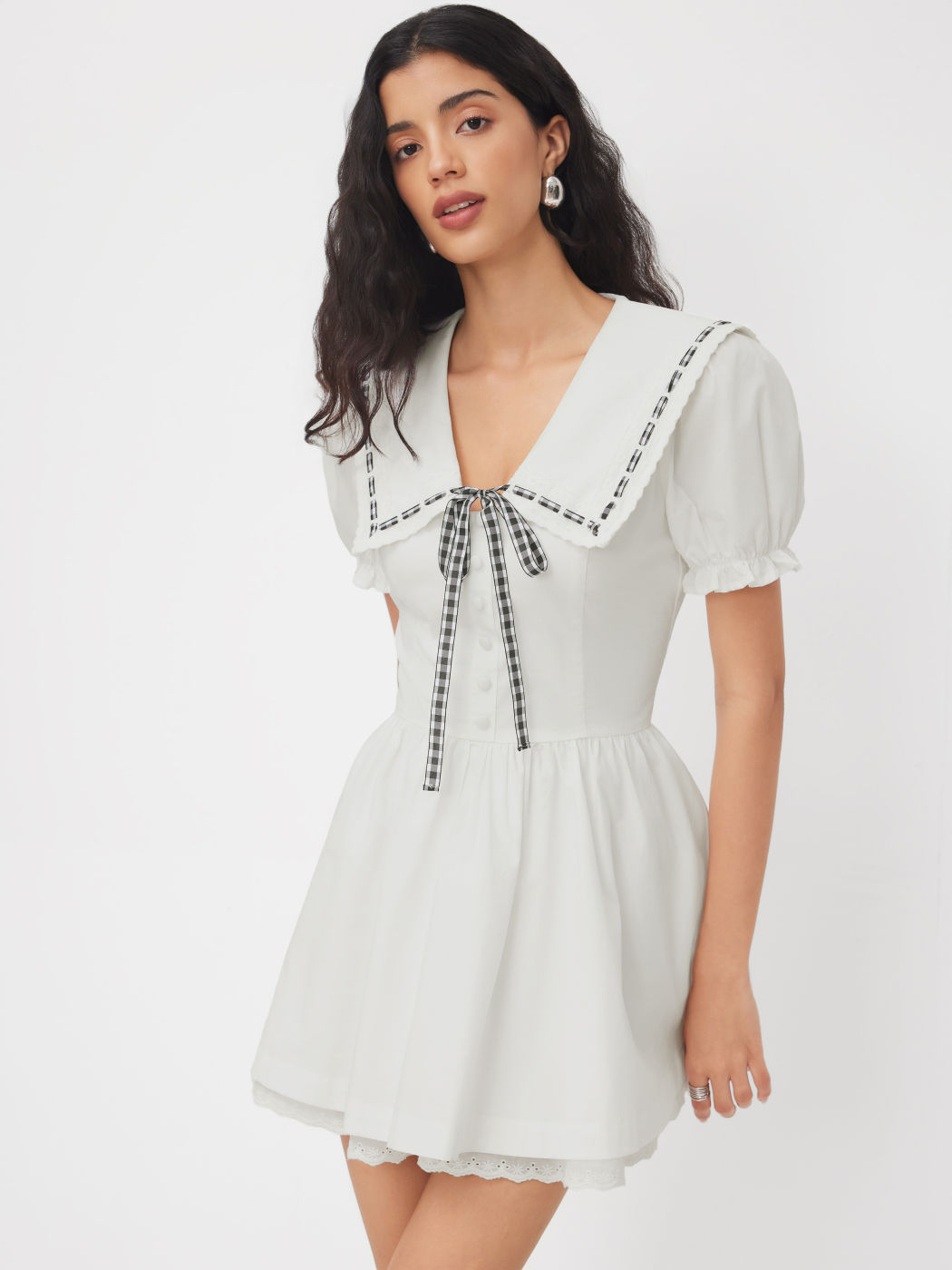 Cotton Peter Pan Collar Puff Sleeve Knotted Contrasting Binding Mini Dress