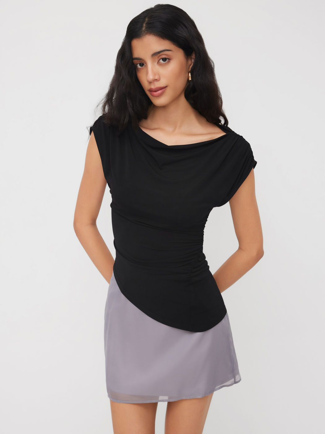 Boat Neck Asymmetrical Hem Ruched Top