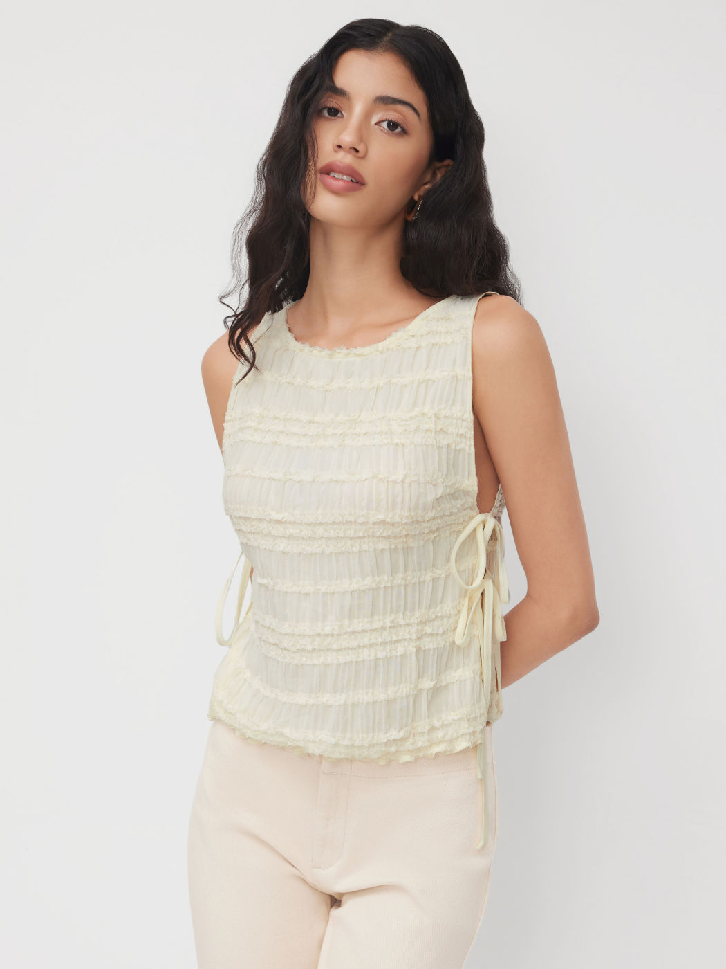 Chiffon Boat Neck Shirred Tie Side Tank Top