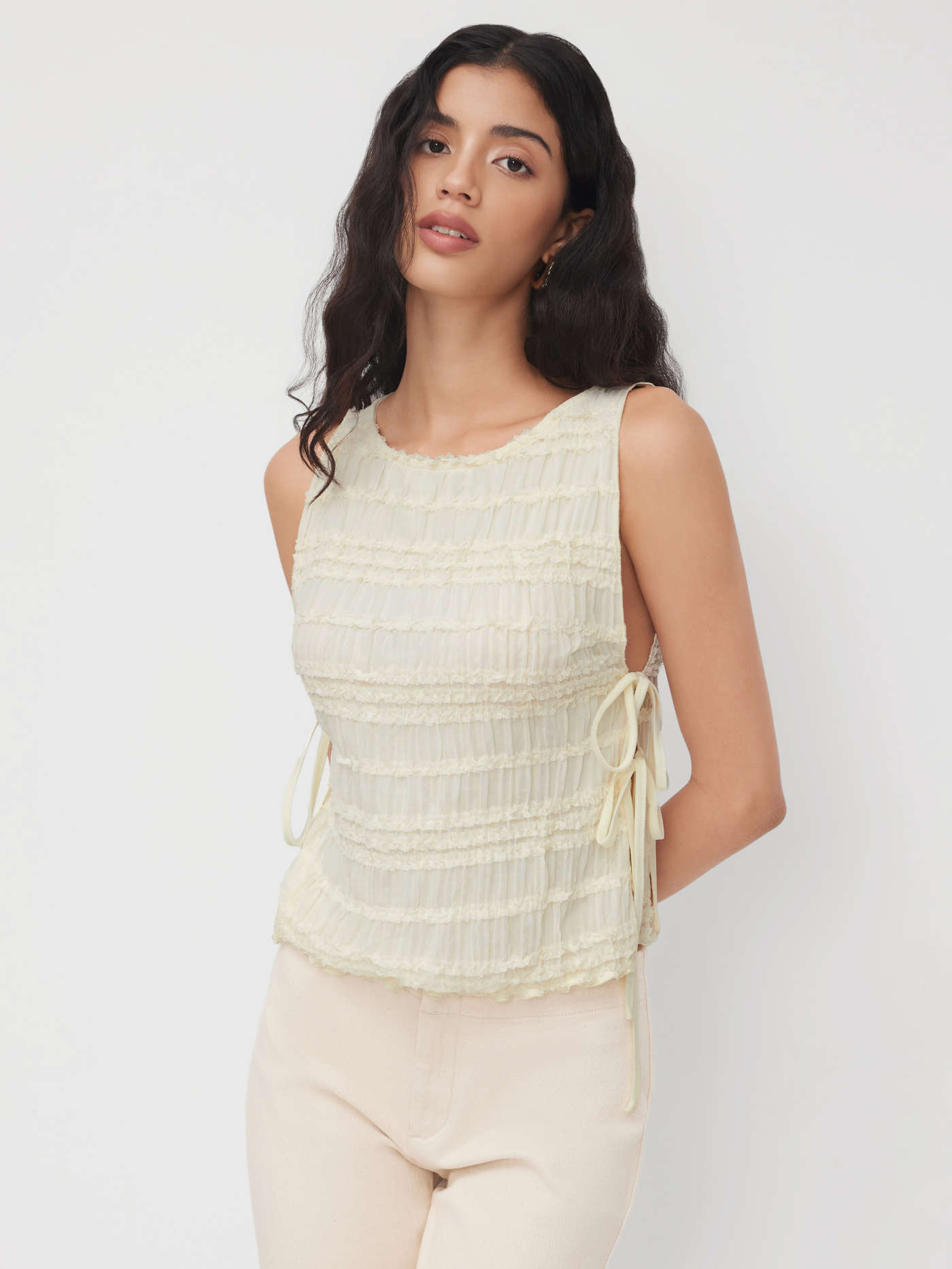 Chiffon Boat Neck Shirred Tie Side Tank Top