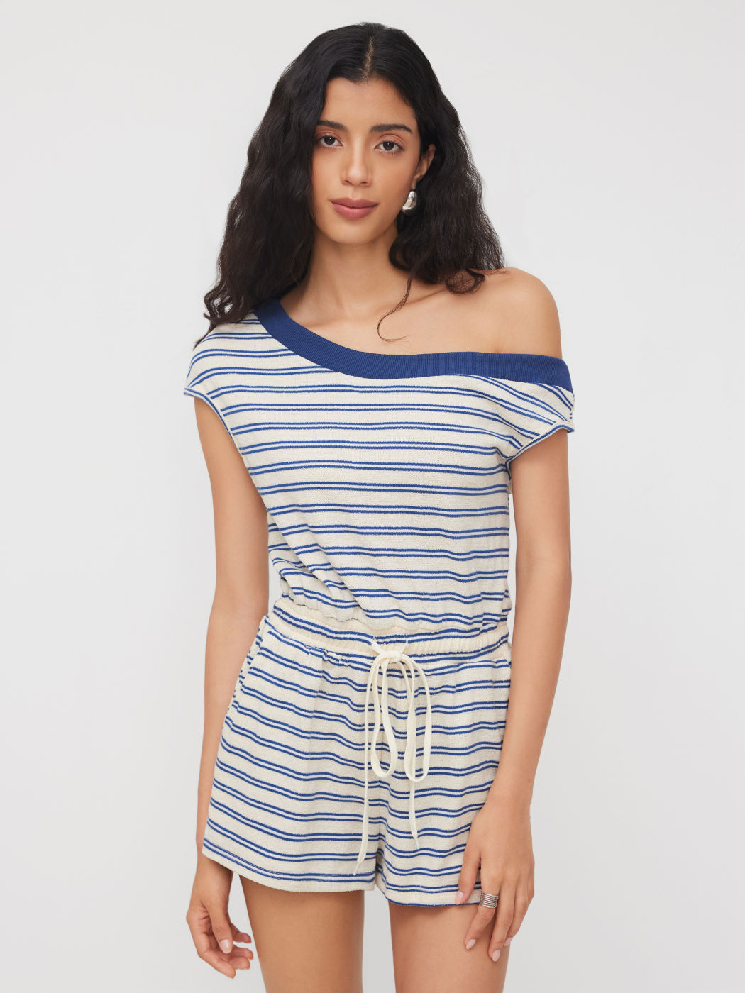 Cotton-blend Asymmetrical Neck Stripe Contrasting Binding Drawstring Romper