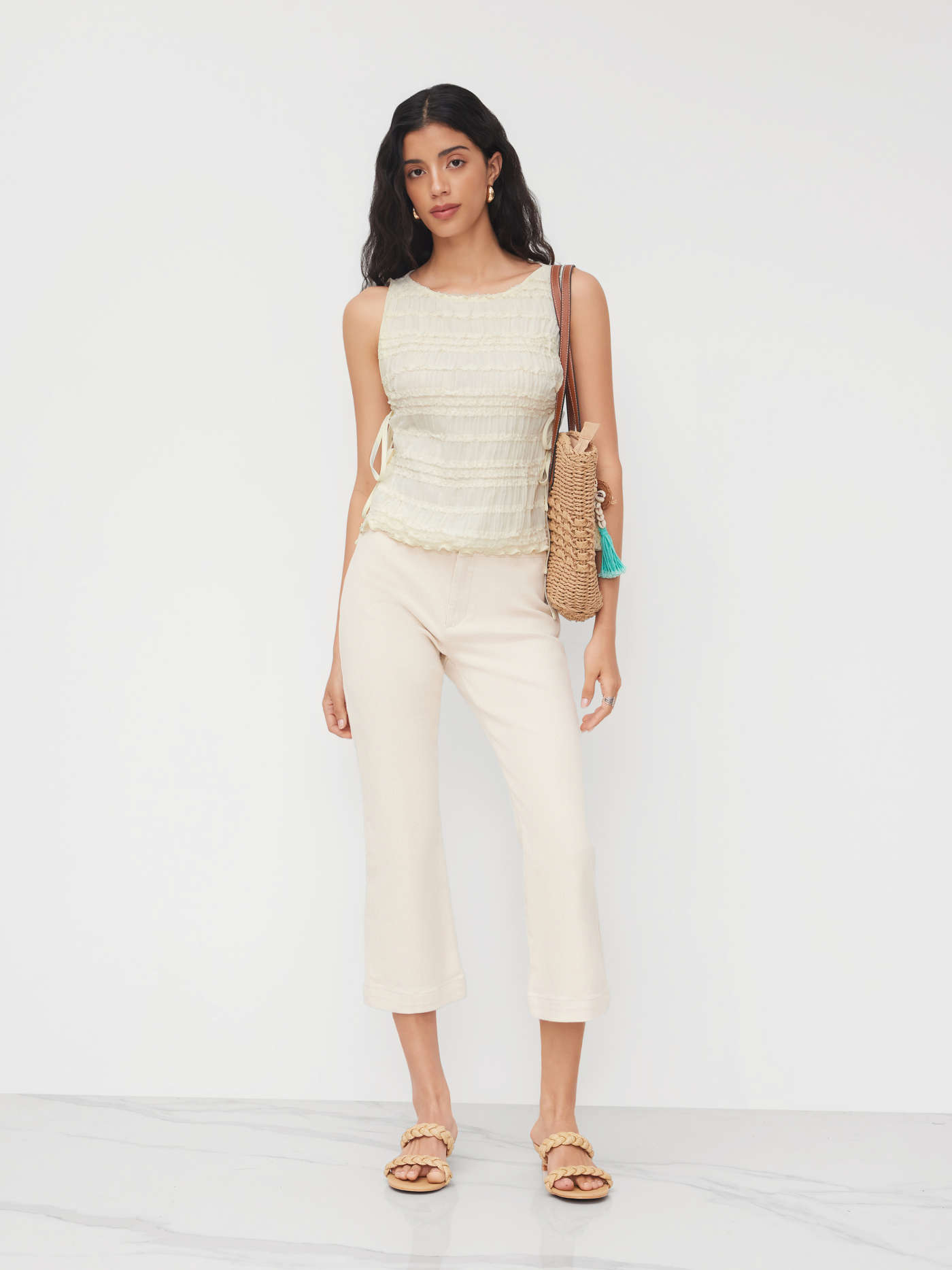 Chiffon Boat Neck Shirred Tie Side Tank Top
