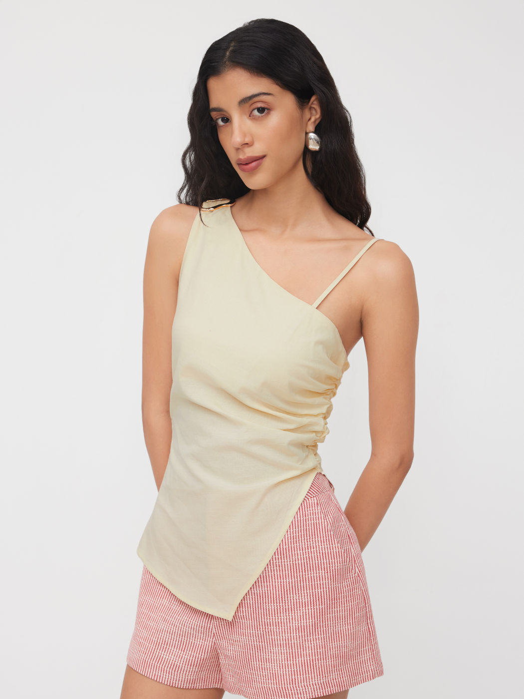 Cotton-blend Asymmetrical Metal Detail Ruched Top