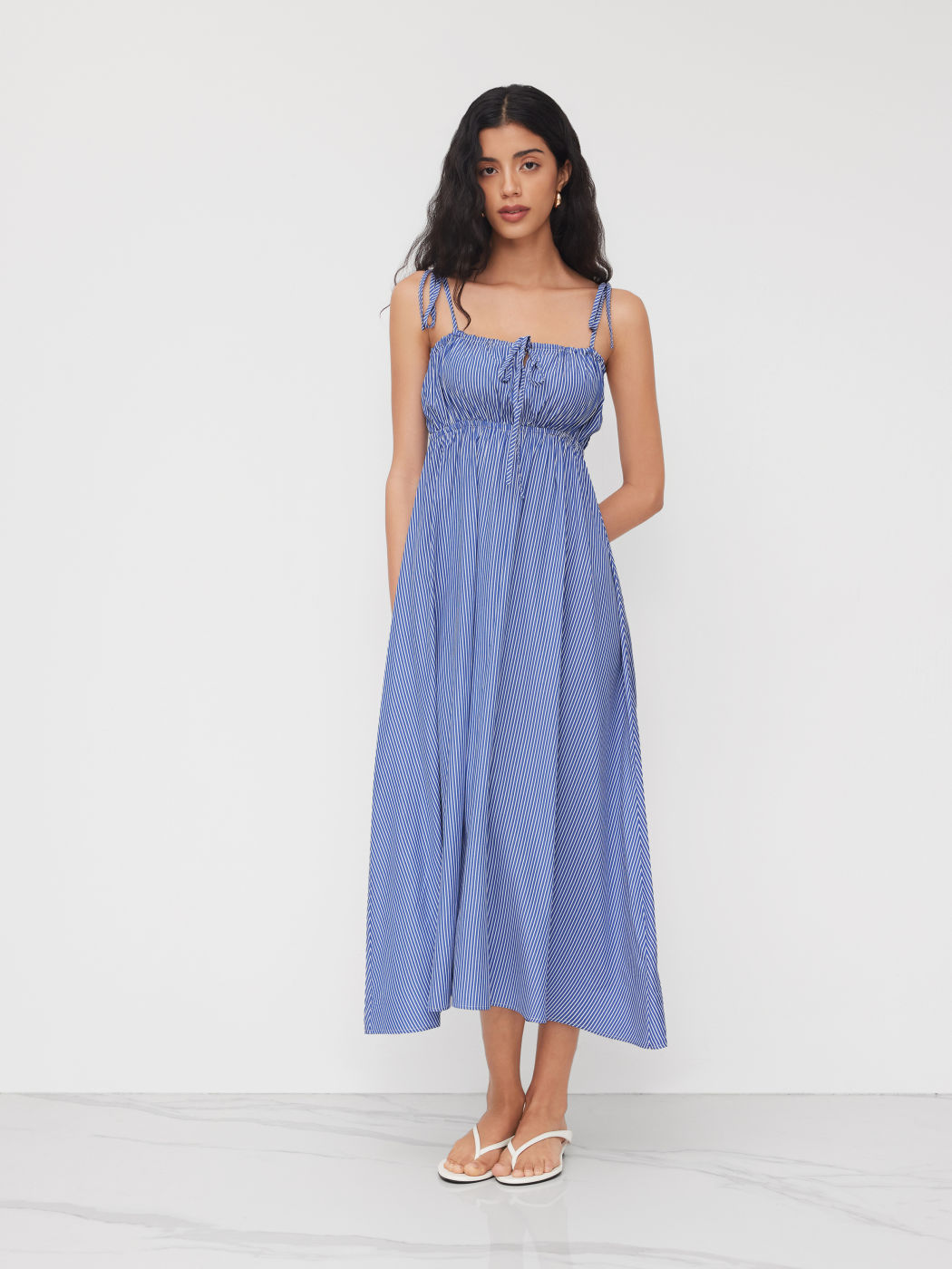 Drawstring Stripe Shirred Cut Out Cami Maxi Dress