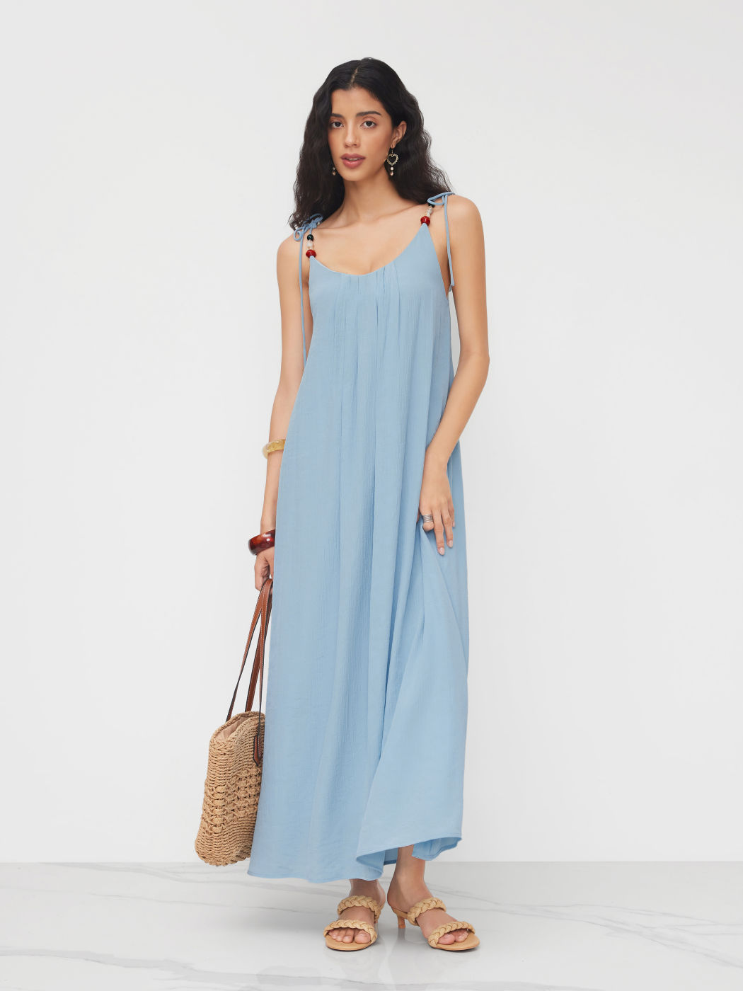 Ruched Beaded Knotted Backless Cami Maxi Dress