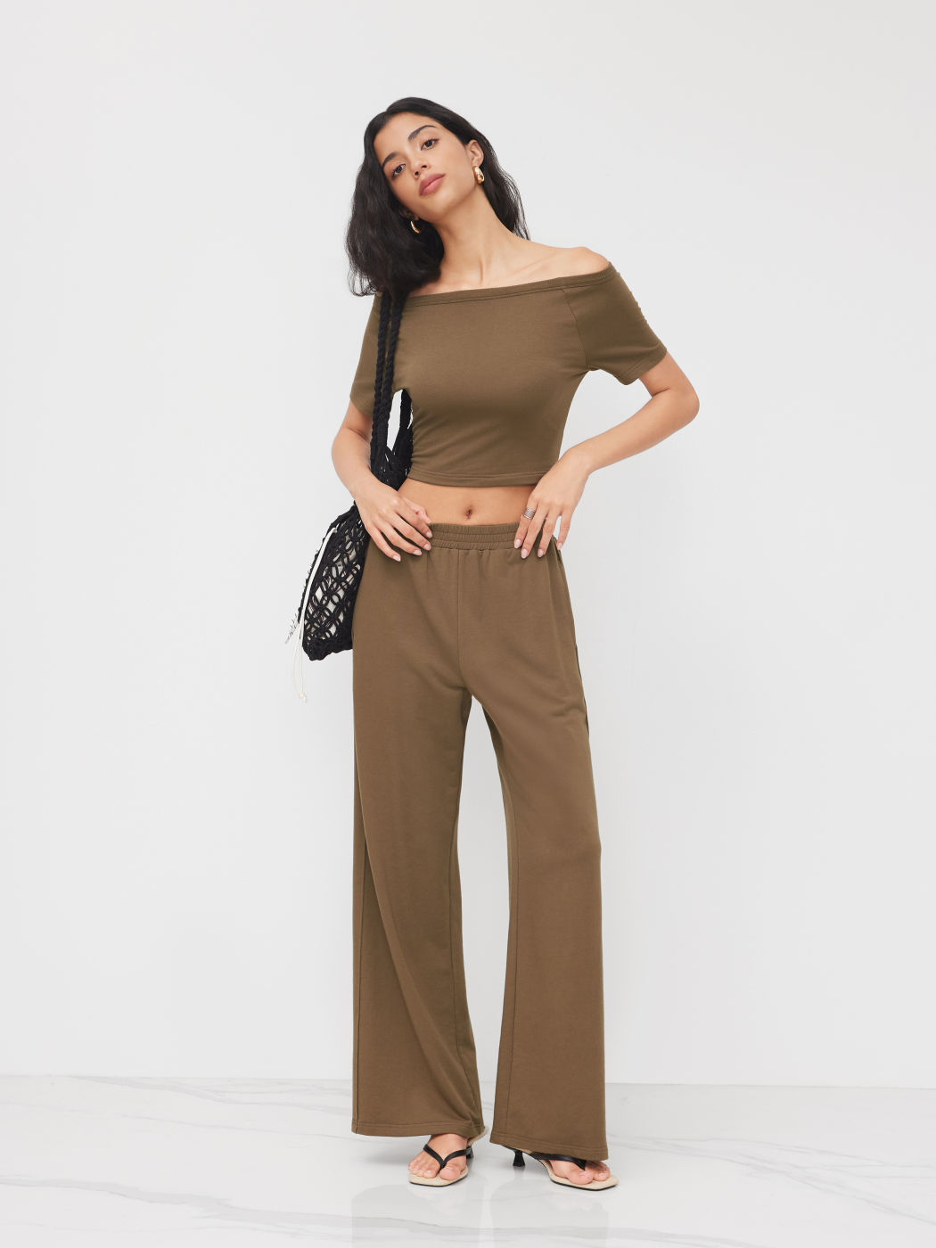 Cotton-blend Boat Neck Crop Tee & Mid Rise Wide Leg Trousers Set