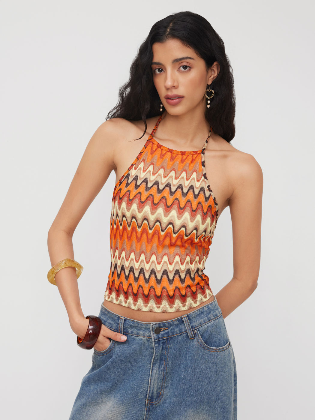 Halter Neckline Stripe Knotted Top