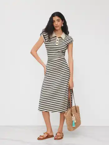Midi-Kleid mit Polohals und Streifen