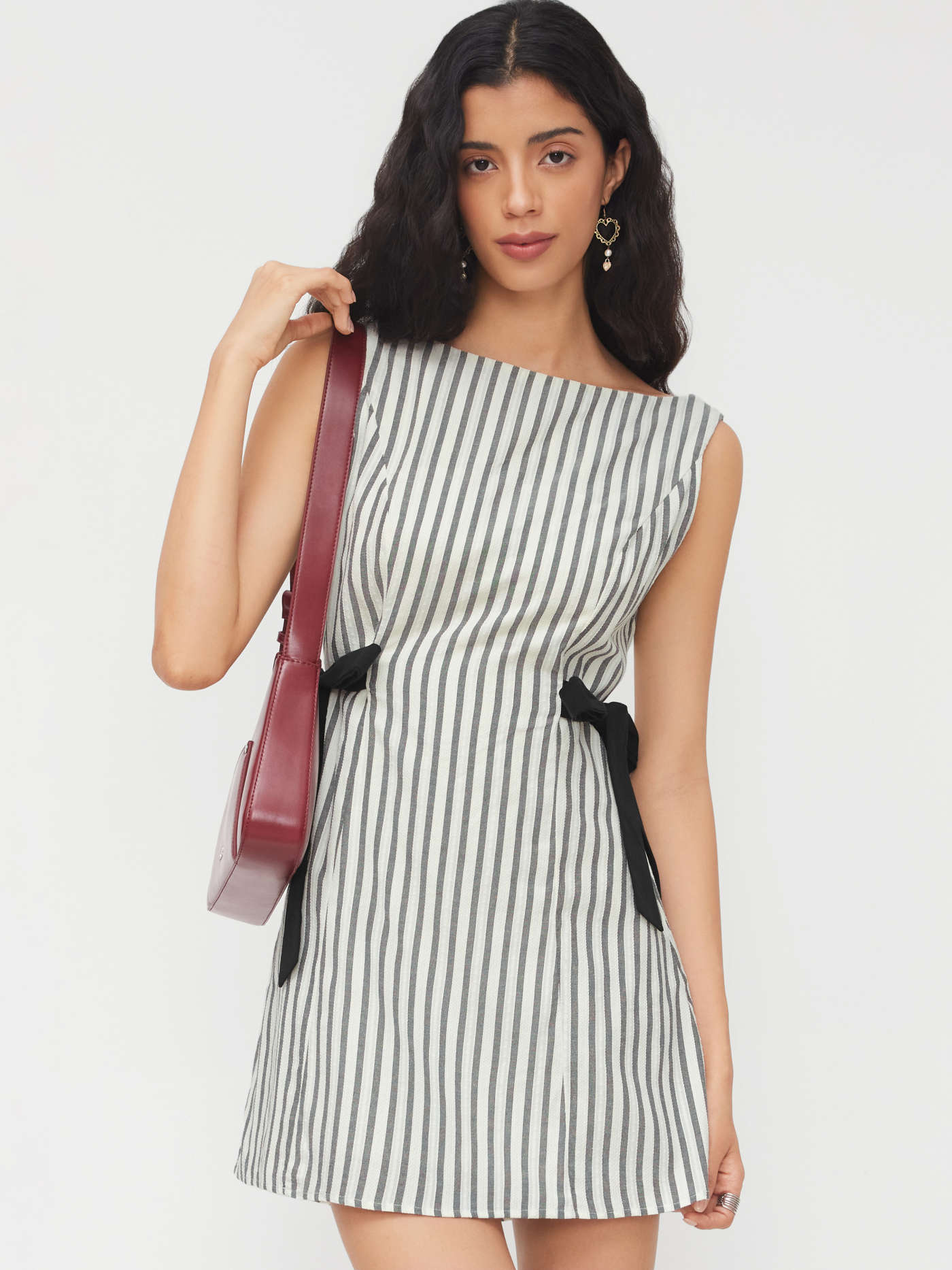 Cotton-blend Boat Neck Stripe Bowknot Tank Mini Dress