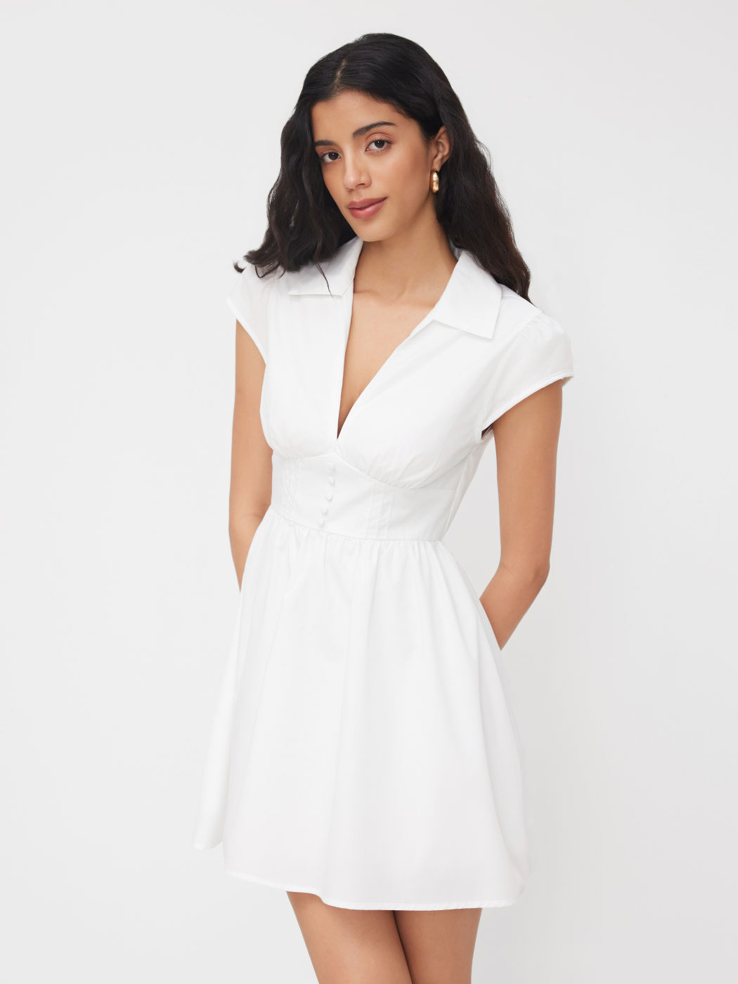 Cotton-blend Collar V-neck Mini Dress