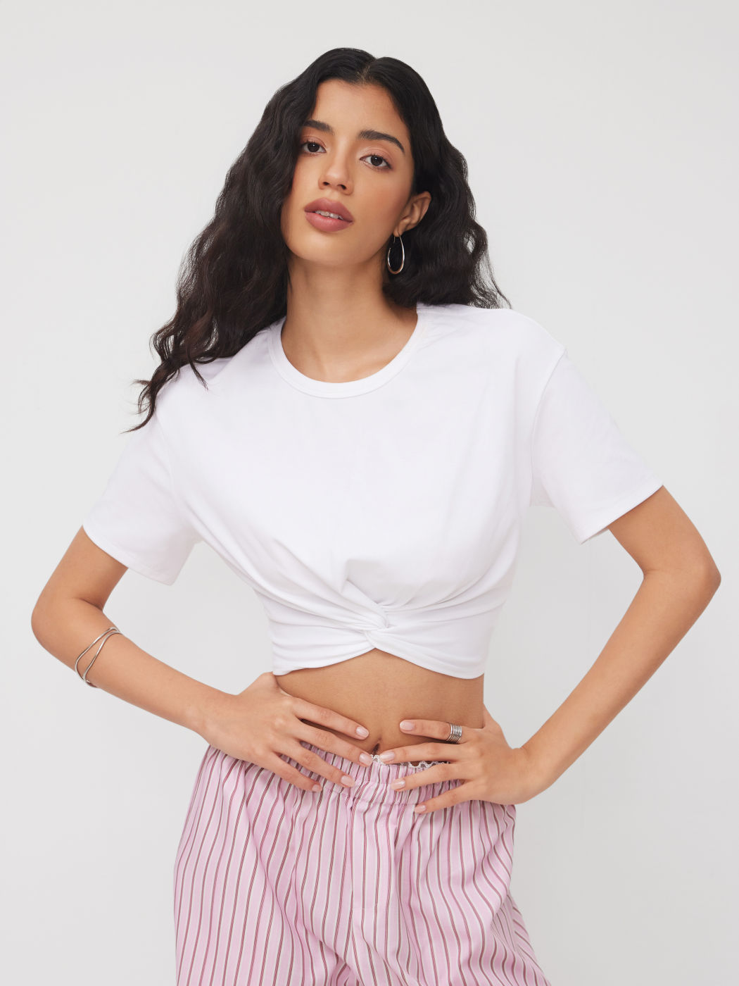 Cotton-blend Round Neckline  Twist Crop Top