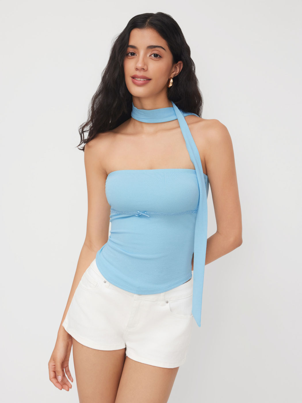 Lace Bowknot Bandeau Top With Scarf