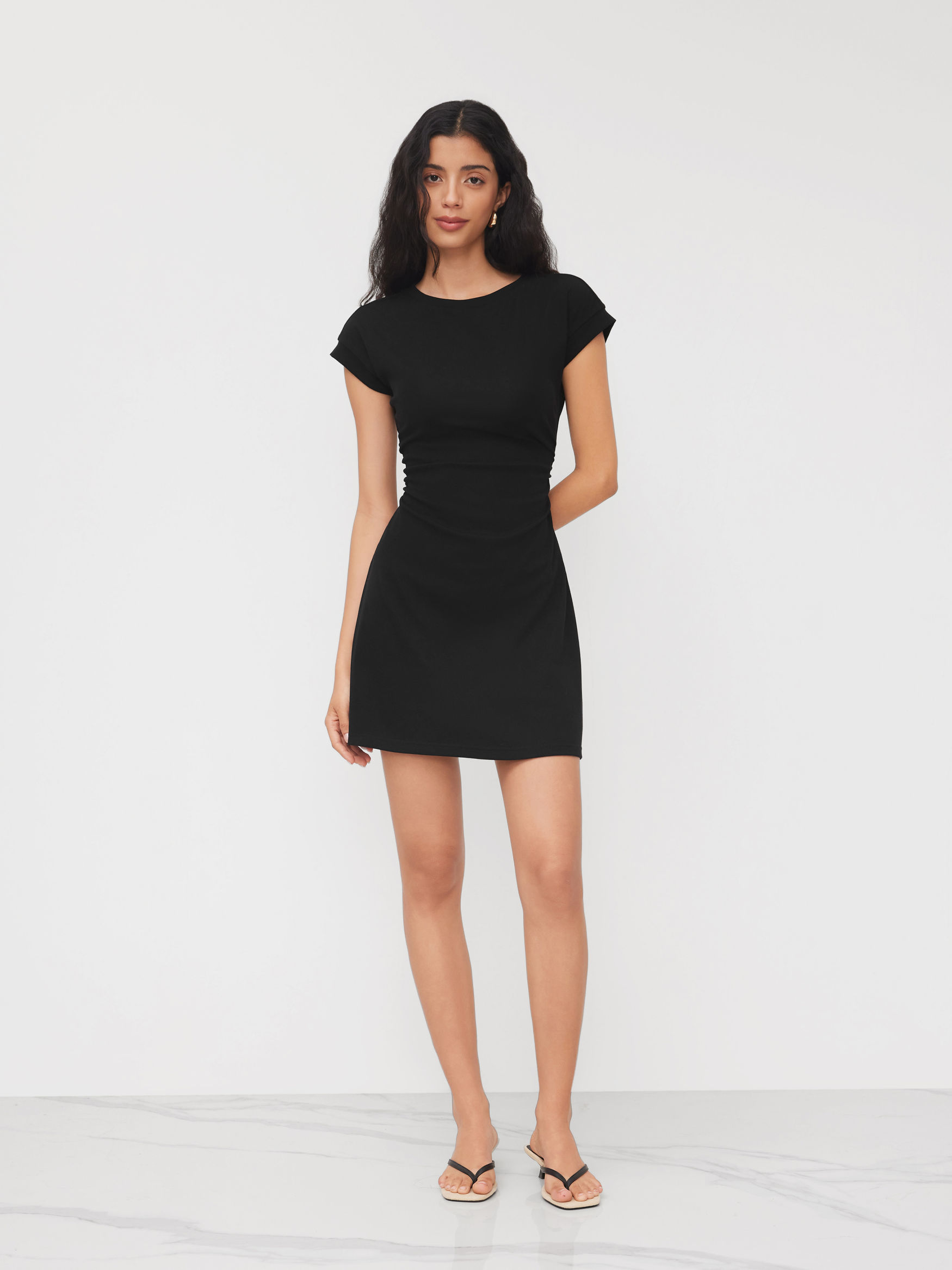Cotton-blend Round Neckline Ruched Mini Dress