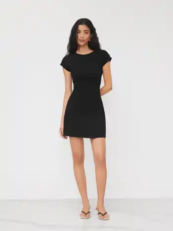 Baumwollmischung Rundhals-Rusche-Minikleid