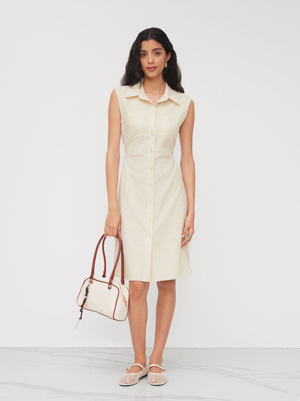 Linen-blend Polo Neck Button Through Knotted Midi Dress