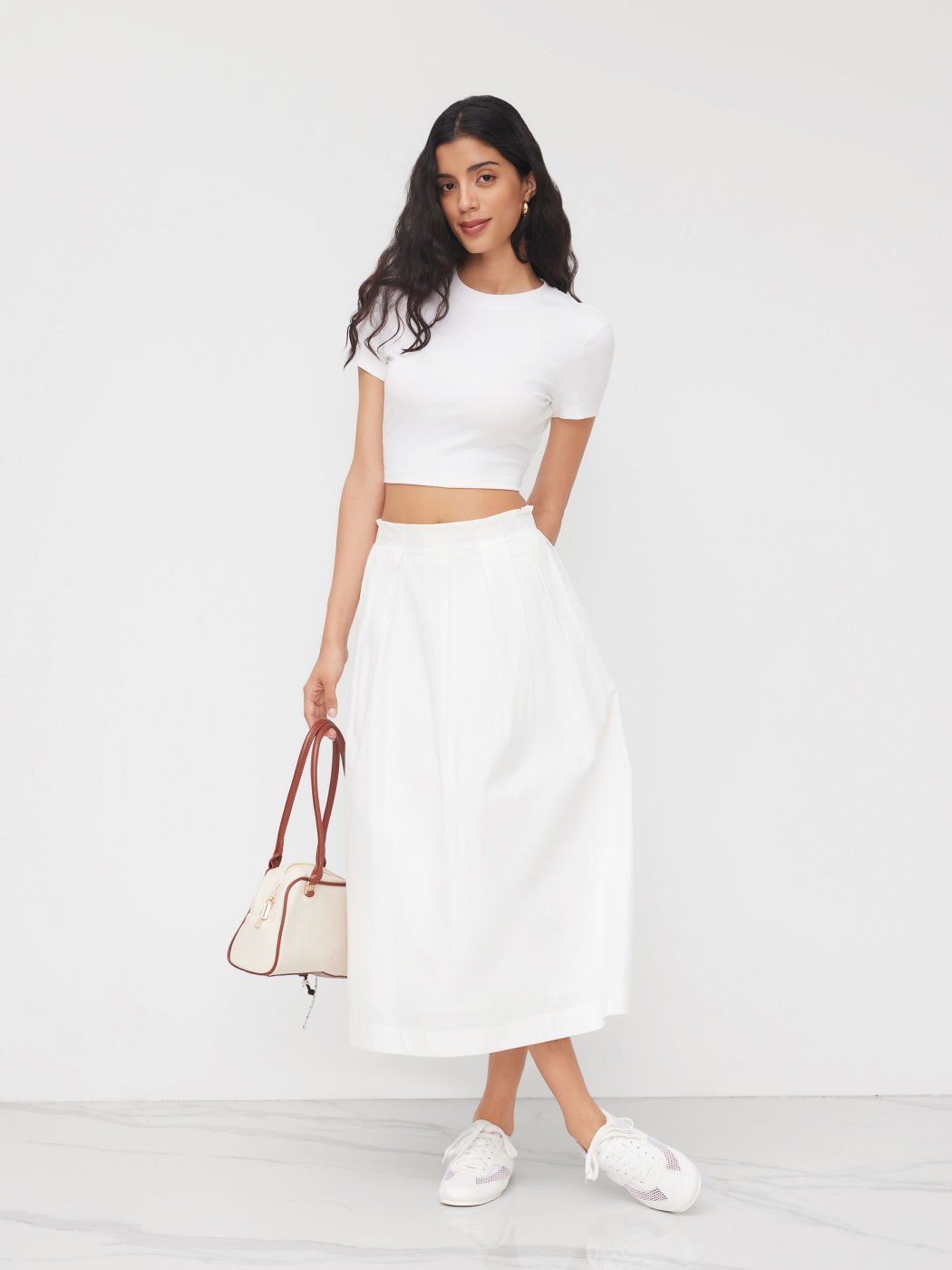 Cotton Crop Tee & Low Rise Pleated Maxi Skirt Set